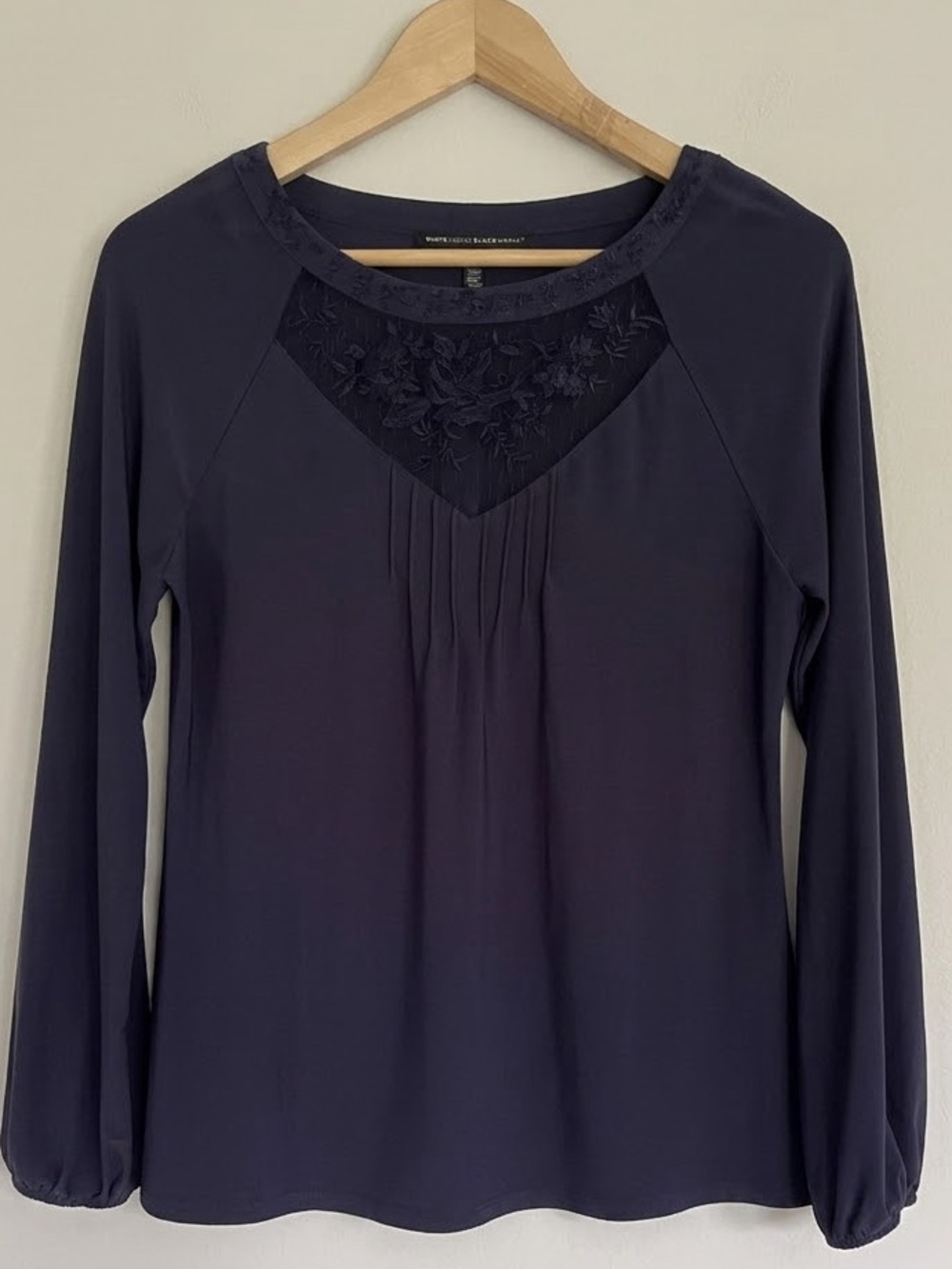 White House Black Market Navy Long Sleeve Blouse Lace Cutout Yoke Top S NWOT